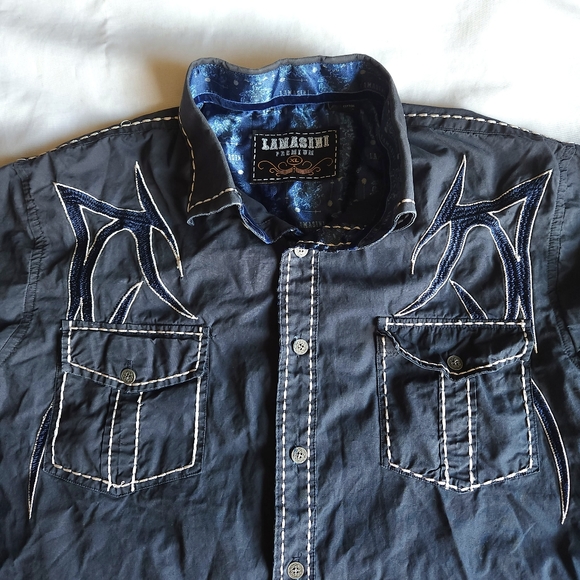 Lamasini Premium Dark Navy Blue Western Rodeo Tribal Print XL Button-down Shirt - Picture 2 of 12